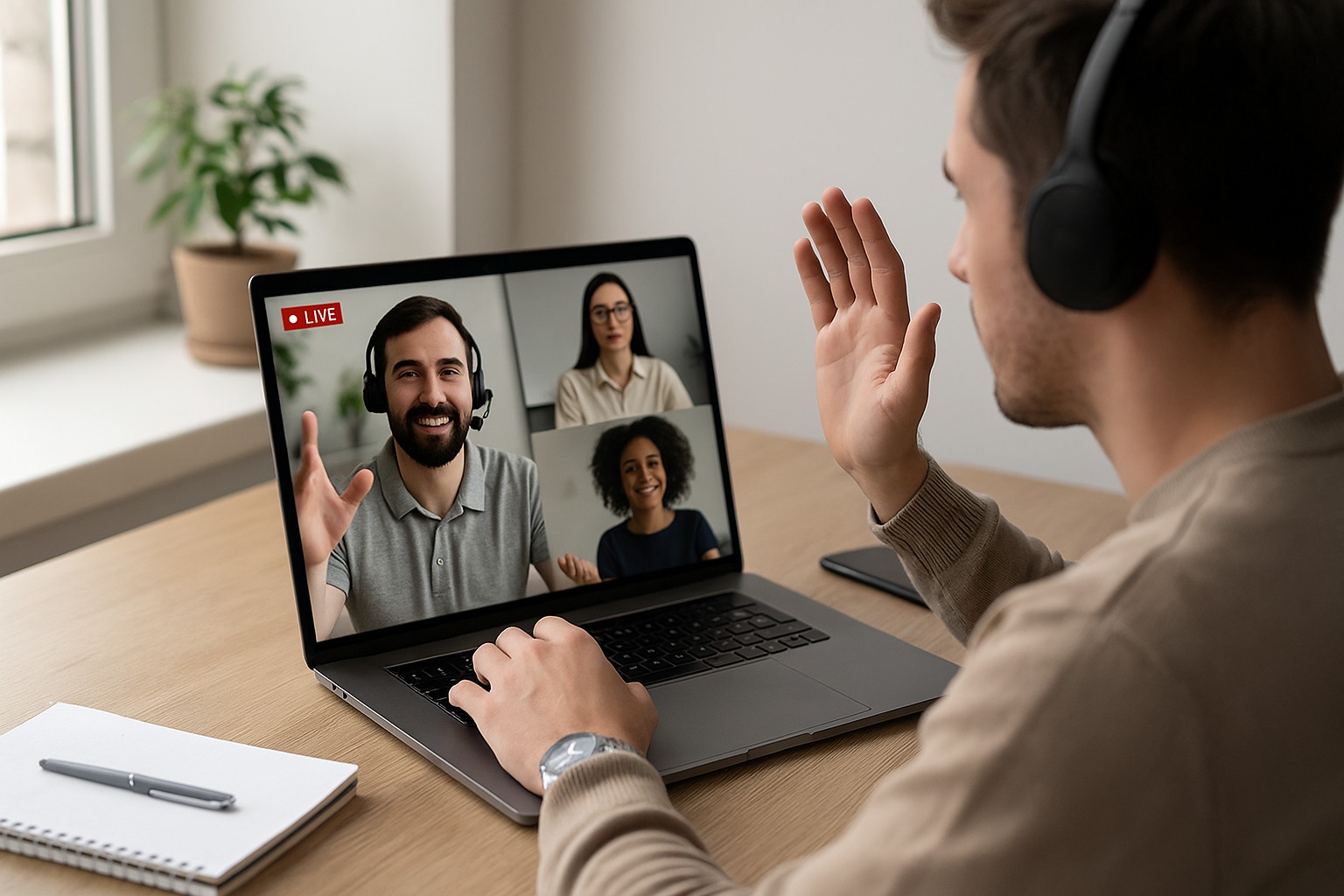 Profesor dando clase en vivo a estudiantes virtuales
